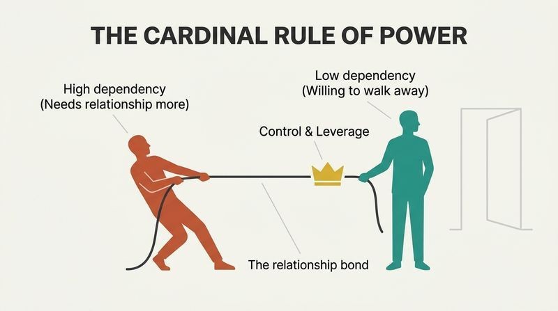 An asymmetric tug-of-war diagram where a struggling, highly dependent figure loses power to a relaxed, independent figure standing near an exit.