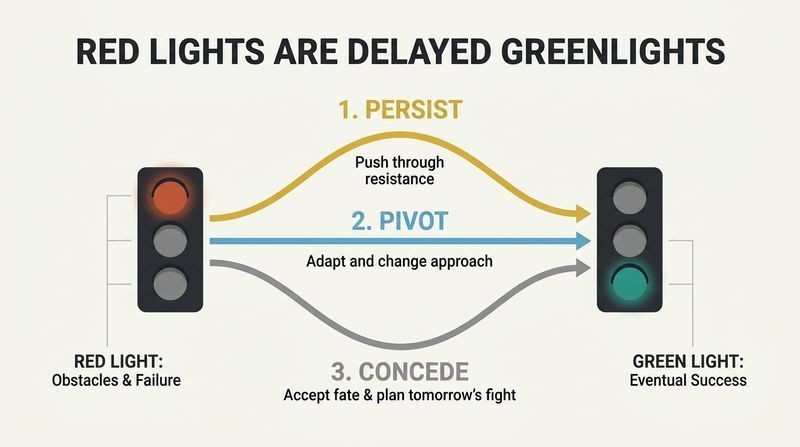 Fork-join flow diagram showing a red traffic light on the left branching into three actionable paths labeled Persist, Pivot, and Concede, which all reconverge at a green traffic light on the right.