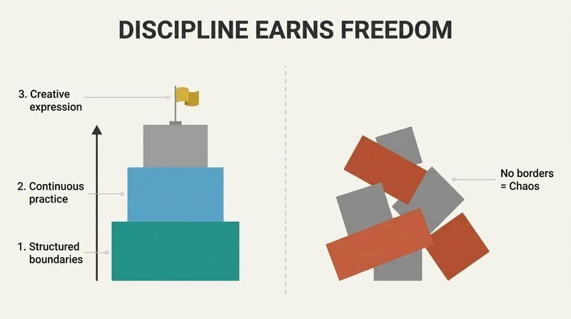 Split diagram showing a stable 3-tiered tower of structure, discipline, and freedom on the left, contrasted with a chaotic pile of collapsing blocks on the right.
