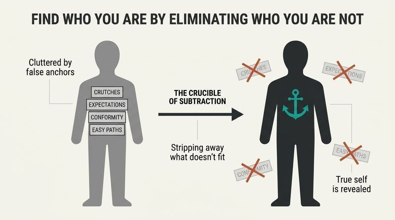 Split diagram showing a cluttered silhouette on the left transforming into a clean silhouette on the right by discarding and crossing out false life options, revealing a strong teal anchor at the center.