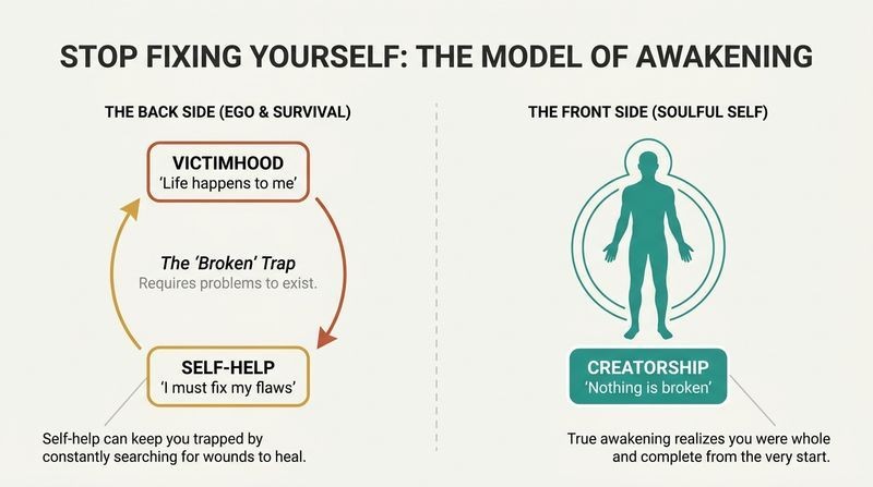 Split panel diagram contrasting the closed loop of self-improvement with the direct alignment of spiritual wholeness.