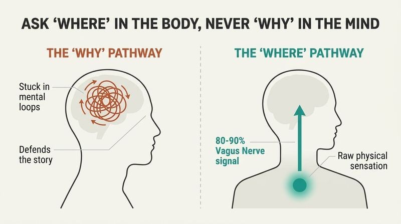 A side-by-side comparison diagram showing the stuck, circular loop of mental stories (asking why) versus the direct, releasing path of physical sensation (asking where) via the vagus nerve.