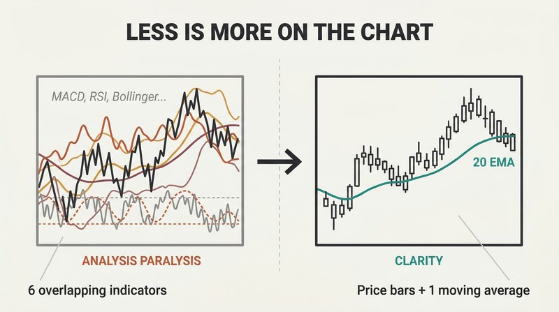 Split panel contrasting a cluttered trading chart overwhelmed by indicators against a clean chart with only price bars and one moving average line.