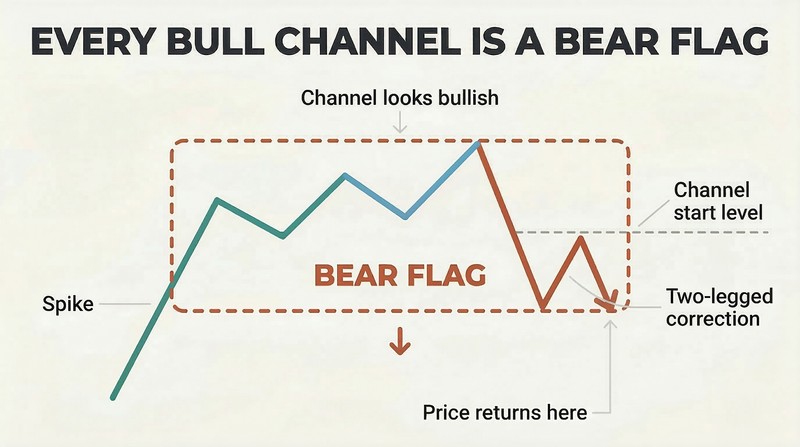 Simplified price path showing a spike, a rising channel bracketed as a bear flag, and the subsequent breakdown back to the channel's starting level.