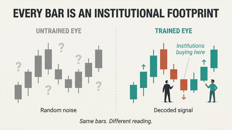 Split panel comparing how untrained traders see price bars as random noise versus how trained traders read the same bars as institutional buying and selling signals.