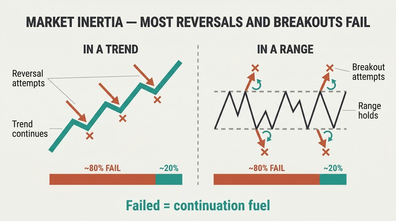 Split panel showing failed reversal attempts in a bull trend on the left and failed breakout attempts in a trading range on the right, each with 80% failure proportion bars.