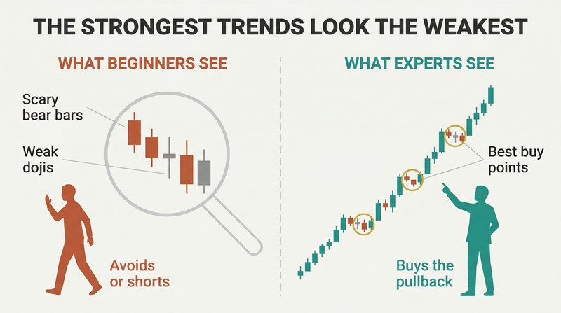 Split panel showing beginner traders avoiding weak-looking pullback bars on the left while experienced traders on the right see the same bars within a powerful uptrend and buy them.