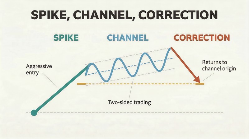 Stylized price trajectory showing a steep spike phase, a gradual oscillating channel phase, and a correction dropping back to the channel's starting point.
