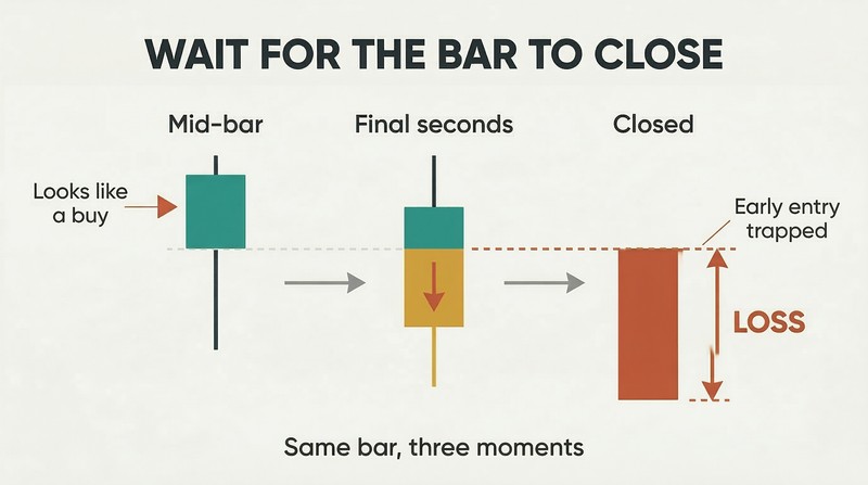 Three-stage timeline showing a single price bar that looks bullish mid-formation, collapses in final seconds, and closes on its low, trapping early entries.