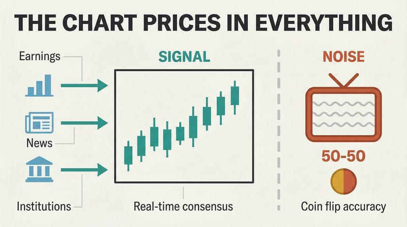 Three information sources converge via arrows into a central price chart, while a separated television icon marked fifty-fifty shows news as unreliable noise.
