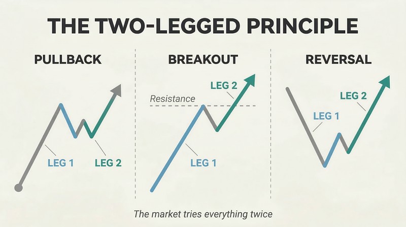 Three side-by-side simplified price charts showing two-legged patterns in a pullback, a breakout, and a reversal, revealing the universal two-move structure of market action.