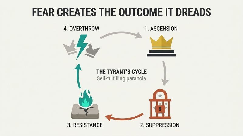 Four-stage circular diagram illustrating the mythological cycle of paranoid power, showing how a ruler's extreme attempts to suppress their children guarantee their own overthrow.