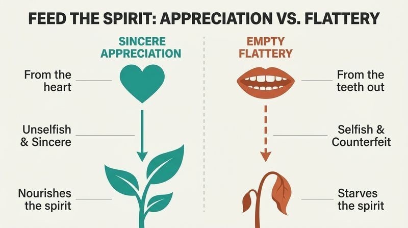 Side-by-side comparison diagram illustrating how sincere appreciation from the heart nourishes and grows the human spirit, while empty flattery from the teeth starves and withers it.