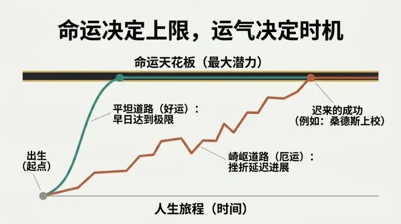 Graph showing two life paths starting at birth and rising toward a fixed horizontal ceiling labeled Destiny. A smooth teal curve represents good luck reaching the ceiling early, while a jagged terracotta line represents low luck reaching the same ceiling much later.