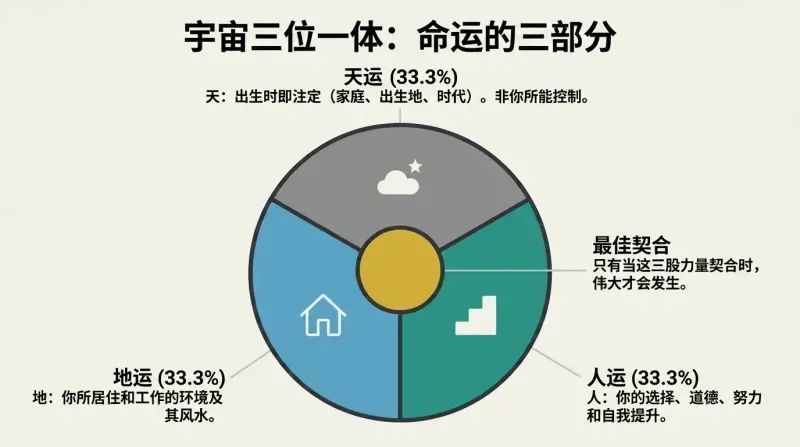 A circular pie chart divided into three equal segments representing Heaven Luck, Earth Luck, and Man Luck, with a golden intersection at the center representing optimal alignment.