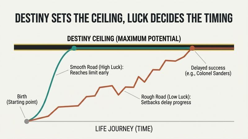 Graph showing two life paths starting at birth and rising toward a fixed horizontal ceiling labeled Destiny. A smooth teal curve represents good luck reaching the ceiling early, while a jagged terracotta line represents low luck reaching the same ceiling much later.