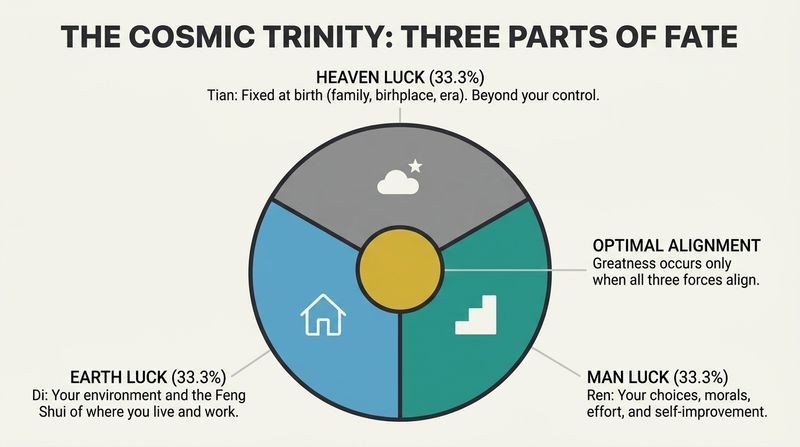 A circular pie chart divided into three equal segments representing Heaven Luck, Earth Luck, and Man Luck, with a golden intersection at the center representing optimal alignment.