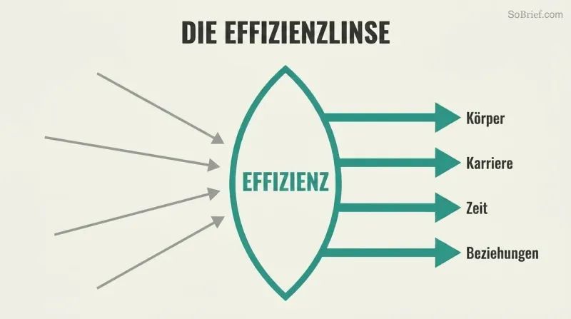 Scattered gray arrows converging through a teal lens labeled Efficiency emerge as four aligned parallel arrows pointing toward Body, Career, Time, and Relationships.