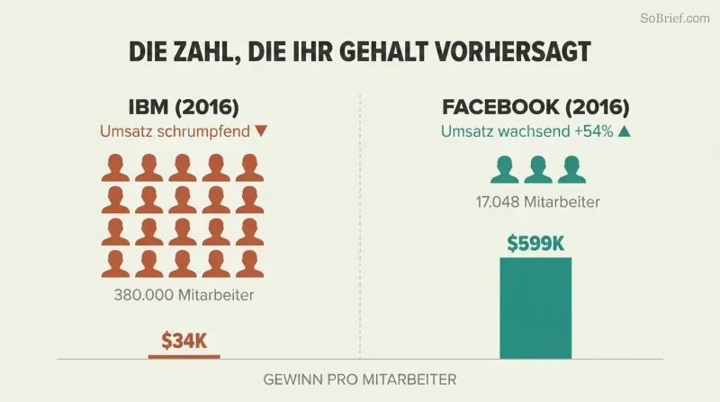 Split comparison showing IBM's tiny profit-per-employee bar beside Facebook's dramatically taller one, revealing that fewer employees with higher profit per head predicts better compensation.
