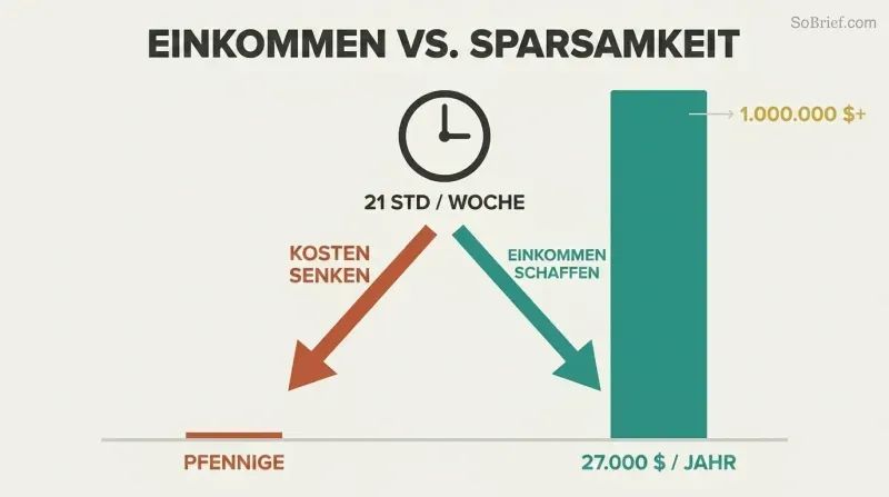 Same weekly hours fork into two paths showing a tiny savings bar dwarfed by a massive earnings bar.