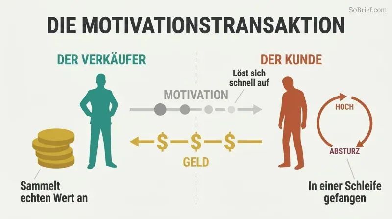 Split panel showing a seller accumulating money on the left while a customer cycles through dopamine highs and crashes on the right, with motivation flowing one way and money flowing back.