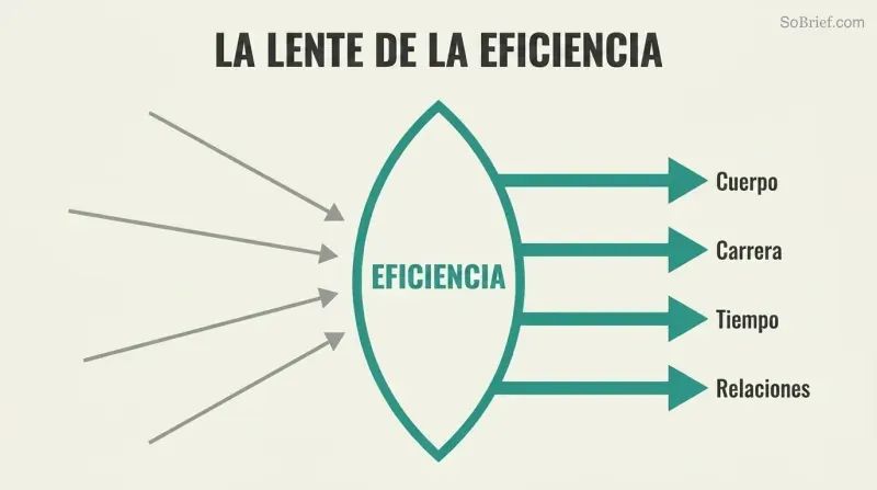 Scattered gray arrows converging through a teal lens labeled Efficiency emerge as four aligned parallel arrows pointing toward Body, Career, Time, and Relationships.