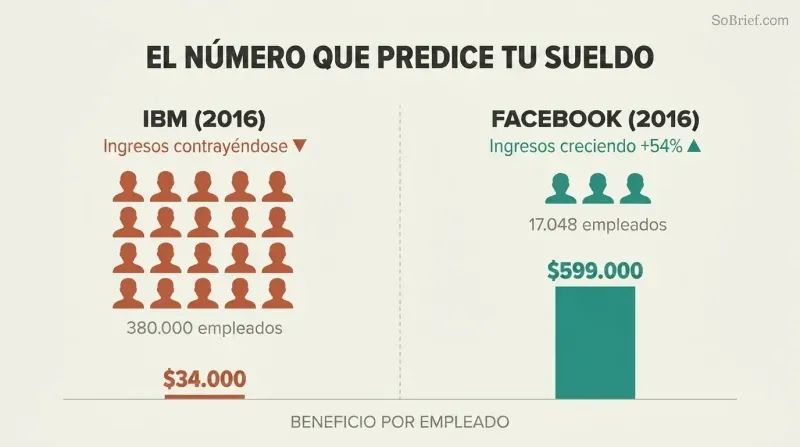 Split comparison showing IBM's tiny profit-per-employee bar beside Facebook's dramatically taller one, revealing that fewer employees with higher profit per head predicts better compensation.