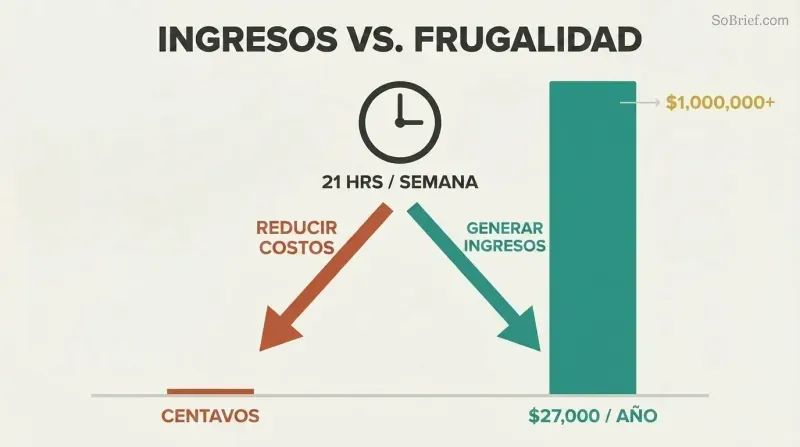 Same weekly hours fork into two paths showing a tiny savings bar dwarfed by a massive earnings bar.