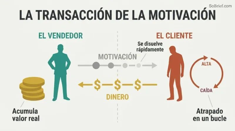 Split panel showing a seller accumulating money on the left while a customer cycles through dopamine highs and crashes on the right, with motivation flowing one way and money flowing back.