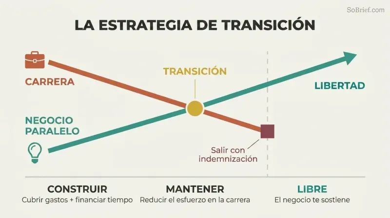 A declining career line crosses a rising business line, showing the transition from employment to entrepreneurial freedom.