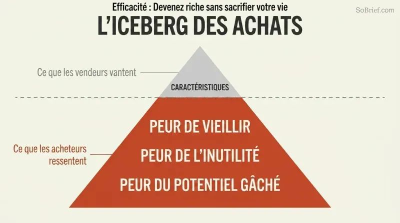 Iceberg with a tiny Features tip above a waterline and a massive submerged mass of fears showing what actually drives purchases.