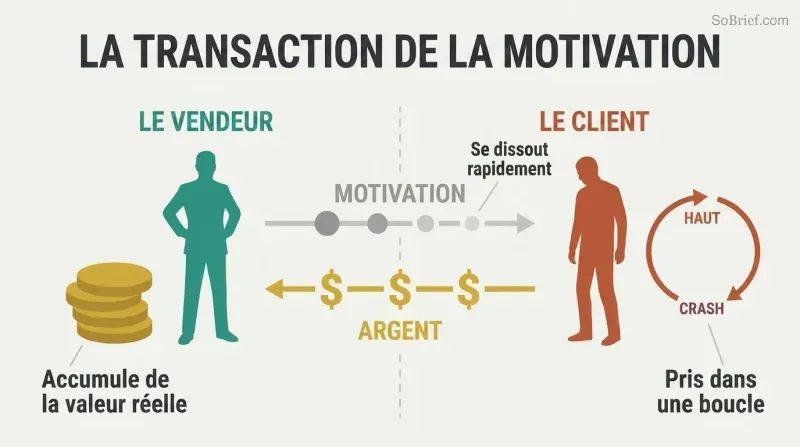 Split panel showing a seller accumulating money on the left while a customer cycles through dopamine highs and crashes on the right, with motivation flowing one way and money flowing back.