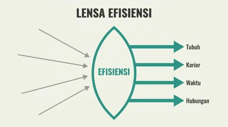 Scattered gray arrows converging through a teal lens labeled Efficiency emerge as four aligned parallel arrows pointing toward Body, Career, Time, and Relationships.