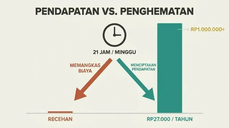 Same weekly hours fork into two paths showing a tiny savings bar dwarfed by a massive earnings bar.