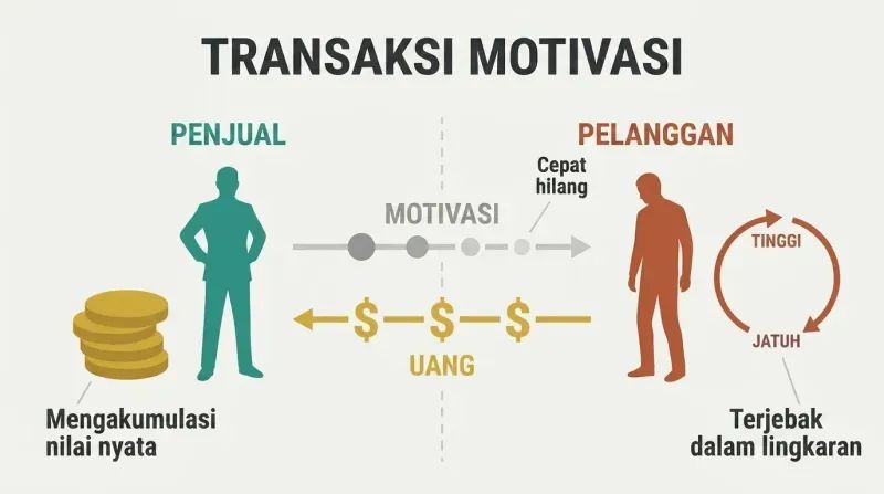 Split panel showing a seller accumulating money on the left while a customer cycles through dopamine highs and crashes on the right, with motivation flowing one way and money flowing back.