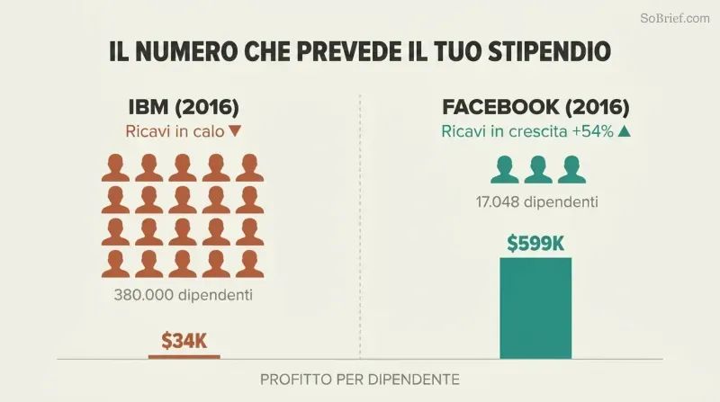 Split comparison showing IBM's tiny profit-per-employee bar beside Facebook's dramatically taller one, revealing that fewer employees with higher profit per head predicts better compensation.