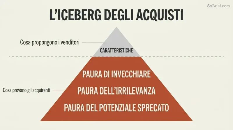 Iceberg with a tiny Features tip above a waterline and a massive submerged mass of fears showing what actually drives purchases.
