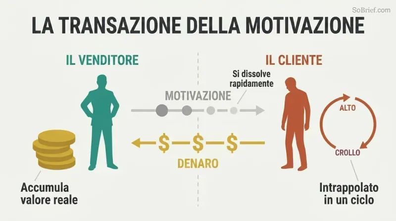 Split panel showing a seller accumulating money on the left while a customer cycles through dopamine highs and crashes on the right, with motivation flowing one way and money flowing back.