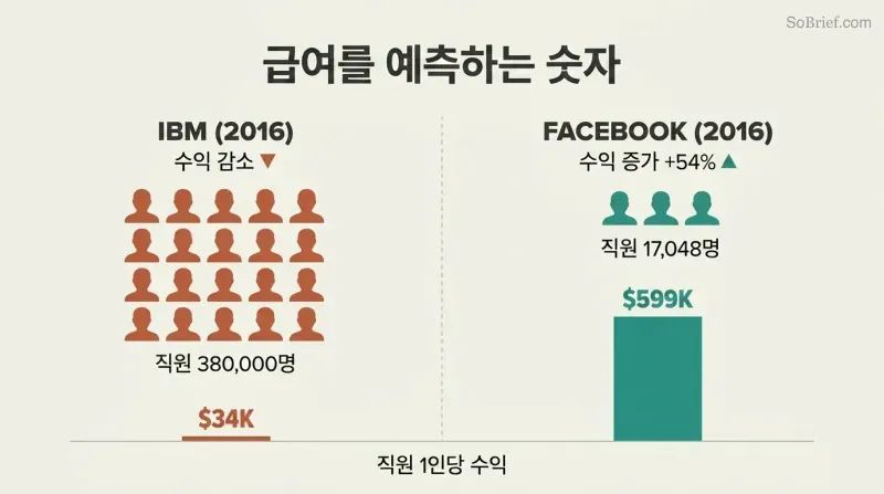 Split comparison showing IBM's tiny profit-per-employee bar beside Facebook's dramatically taller one, revealing that fewer employees with higher profit per head predicts better compensation.