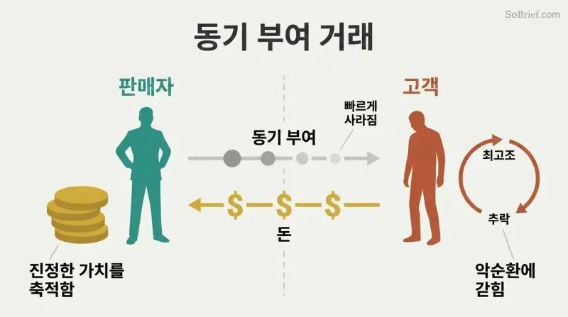 Split panel showing a seller accumulating money on the left while a customer cycles through dopamine highs and crashes on the right, with motivation flowing one way and money flowing back.