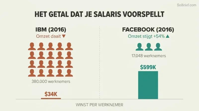 Split comparison showing IBM's tiny profit-per-employee bar beside Facebook's dramatically taller one, revealing that fewer employees with higher profit per head predicts better compensation.
