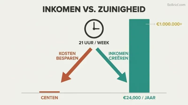 Same weekly hours fork into two paths showing a tiny savings bar dwarfed by a massive earnings bar.