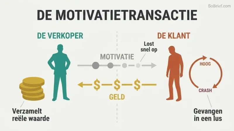 Split panel showing a seller accumulating money on the left while a customer cycles through dopamine highs and crashes on the right, with motivation flowing one way and money flowing back.