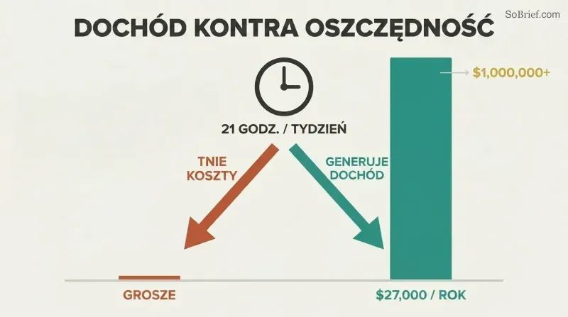 Same weekly hours fork into two paths showing a tiny savings bar dwarfed by a massive earnings bar.