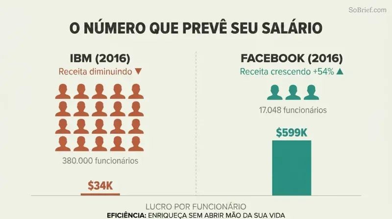 Split comparison showing IBM's tiny profit-per-employee bar beside Facebook's dramatically taller one, revealing that fewer employees with higher profit per head predicts better compensation.
