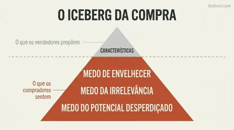 Iceberg with a tiny Features tip above a waterline and a massive submerged mass of fears showing what actually drives purchases.