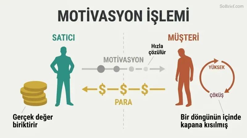 Split panel showing a seller accumulating money on the left while a customer cycles through dopamine highs and crashes on the right, with motivation flowing one way and money flowing back.