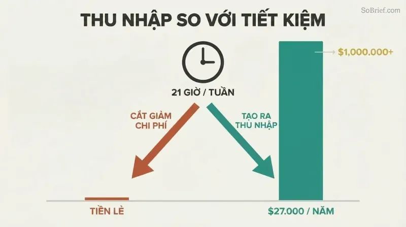 Same weekly hours fork into two paths showing a tiny savings bar dwarfed by a massive earnings bar.