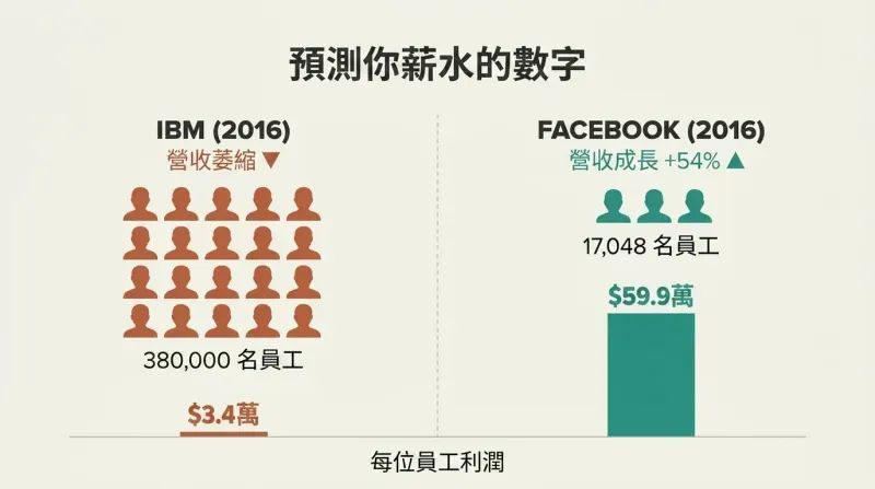 Split comparison showing IBM's tiny profit-per-employee bar beside Facebook's dramatically taller one, revealing that fewer employees with higher profit per head predicts better compensation.