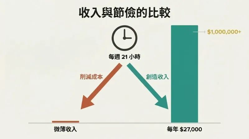 Same weekly hours fork into two paths showing a tiny savings bar dwarfed by a massive earnings bar.